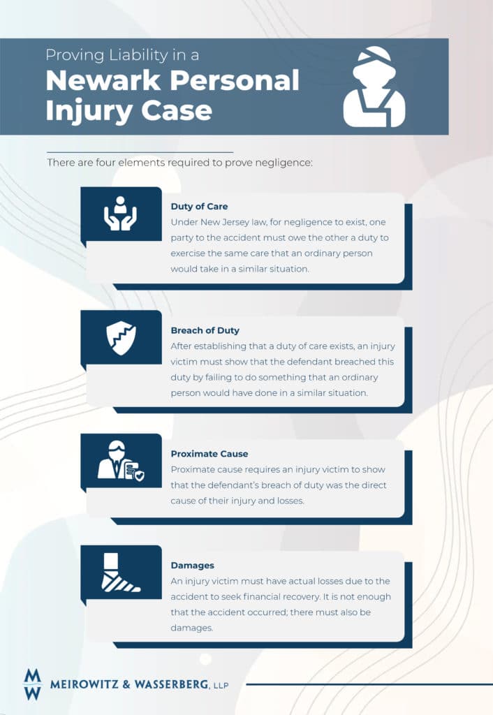 Infographic outlining the steps to prove liability in a Newark personal injury case