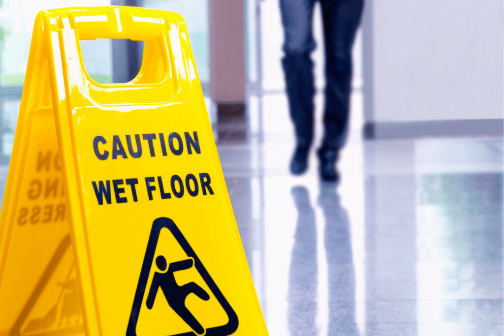 Person walking toward Caution Wet Floor sign