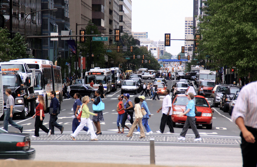 Photo of pedestrians in Philadelphia crossing