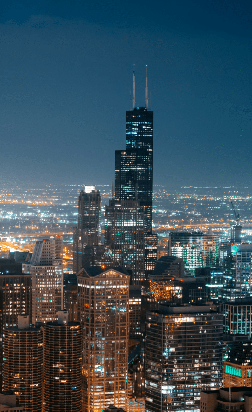 A city skyline at night